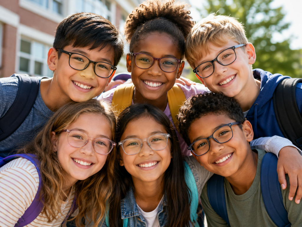 kids at school huddled wearing their new eyeglasses they got after their back to school eye exam