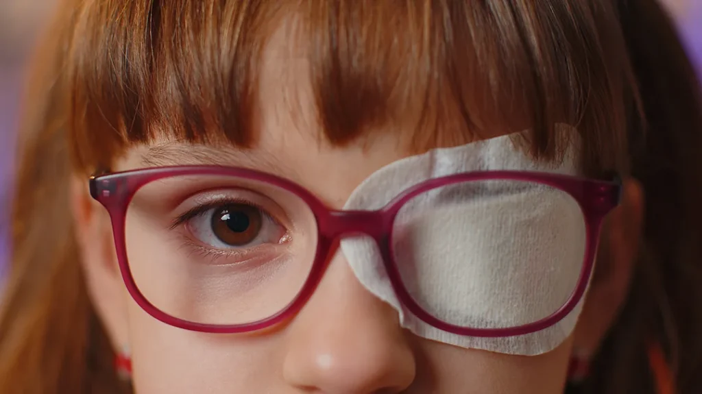 girl wearing glasses with an eye patch for lazy eye